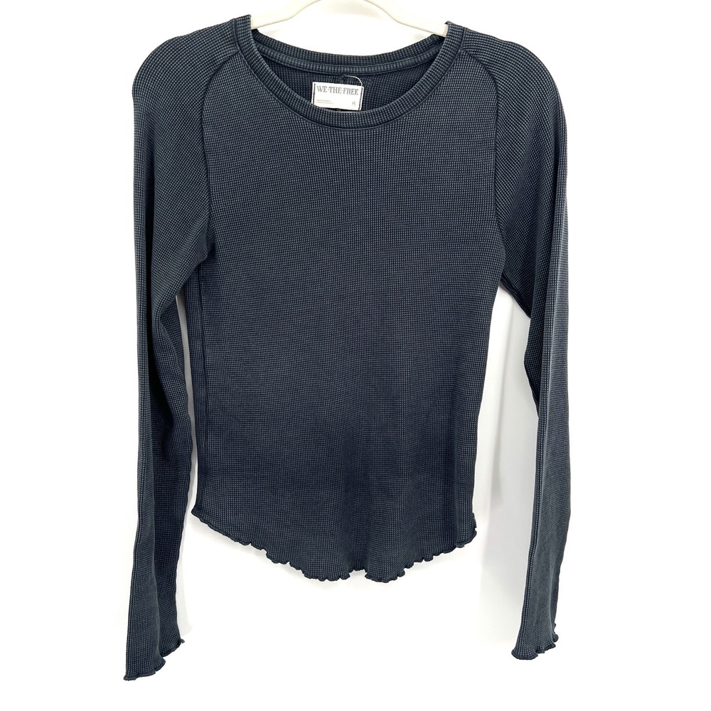 We the free people charcoal thermal waffle knit lettuce hem top grunge boho M
